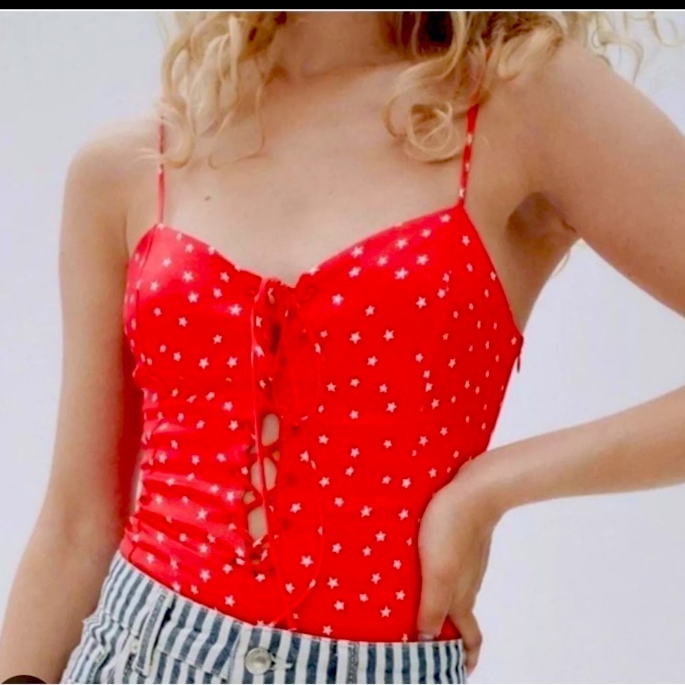 Zara Silk red & white star lace up bodysuit NWT $59 Small fall casual classic